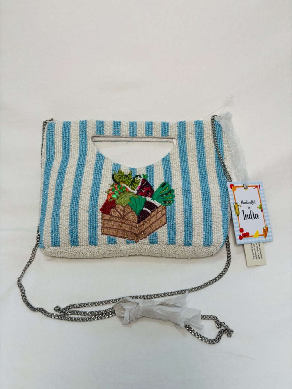 New Release Handcrafted in India Blue Striped Vegetable Beaded Bag Viral TikTok